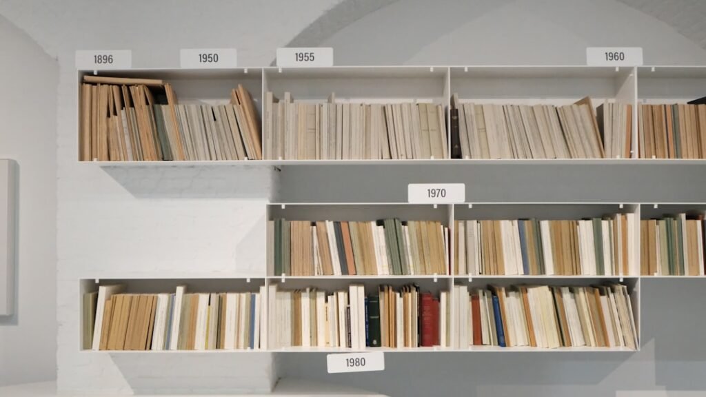 Well-organized white bookshelves with neatly arranged books representing systematic library collection