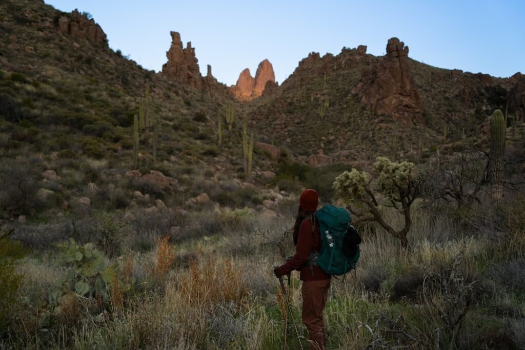 Explorer with backpack traversing vast desert wilderness landscape representing open world sandbox survival games