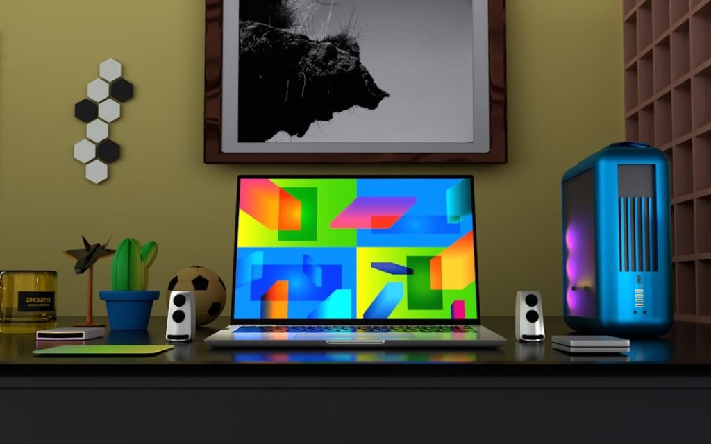 Colorful gaming setup desk with monitor displaying game library interface and RGB lighting - Photo by Alexander Andrews