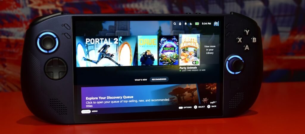 Steam Deck handheld device displaying Steam gaming library interface with Portal and other popular games
